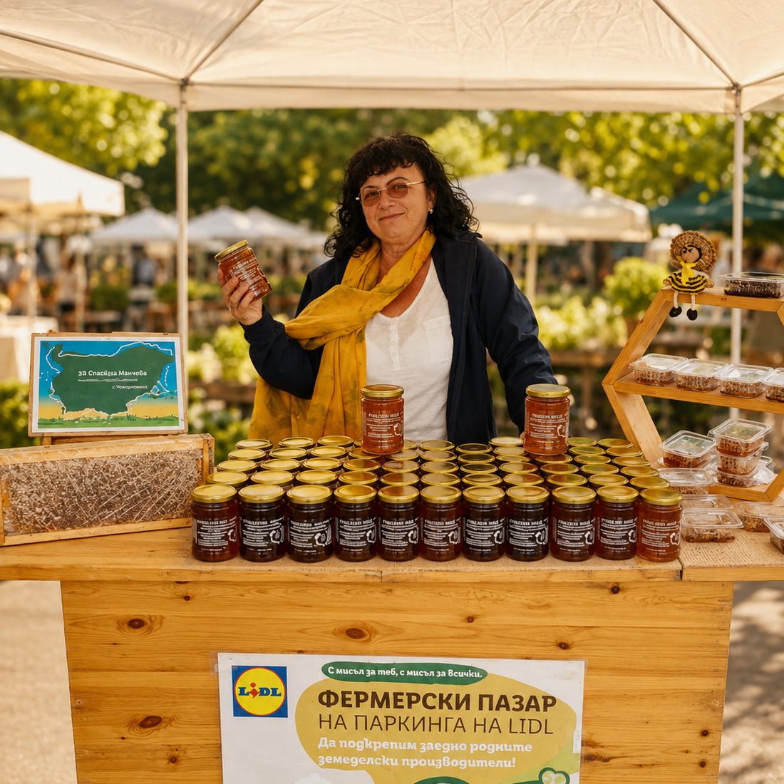Стефка Малчева на фермерски пазар с продукцията на Къщата на пчелите